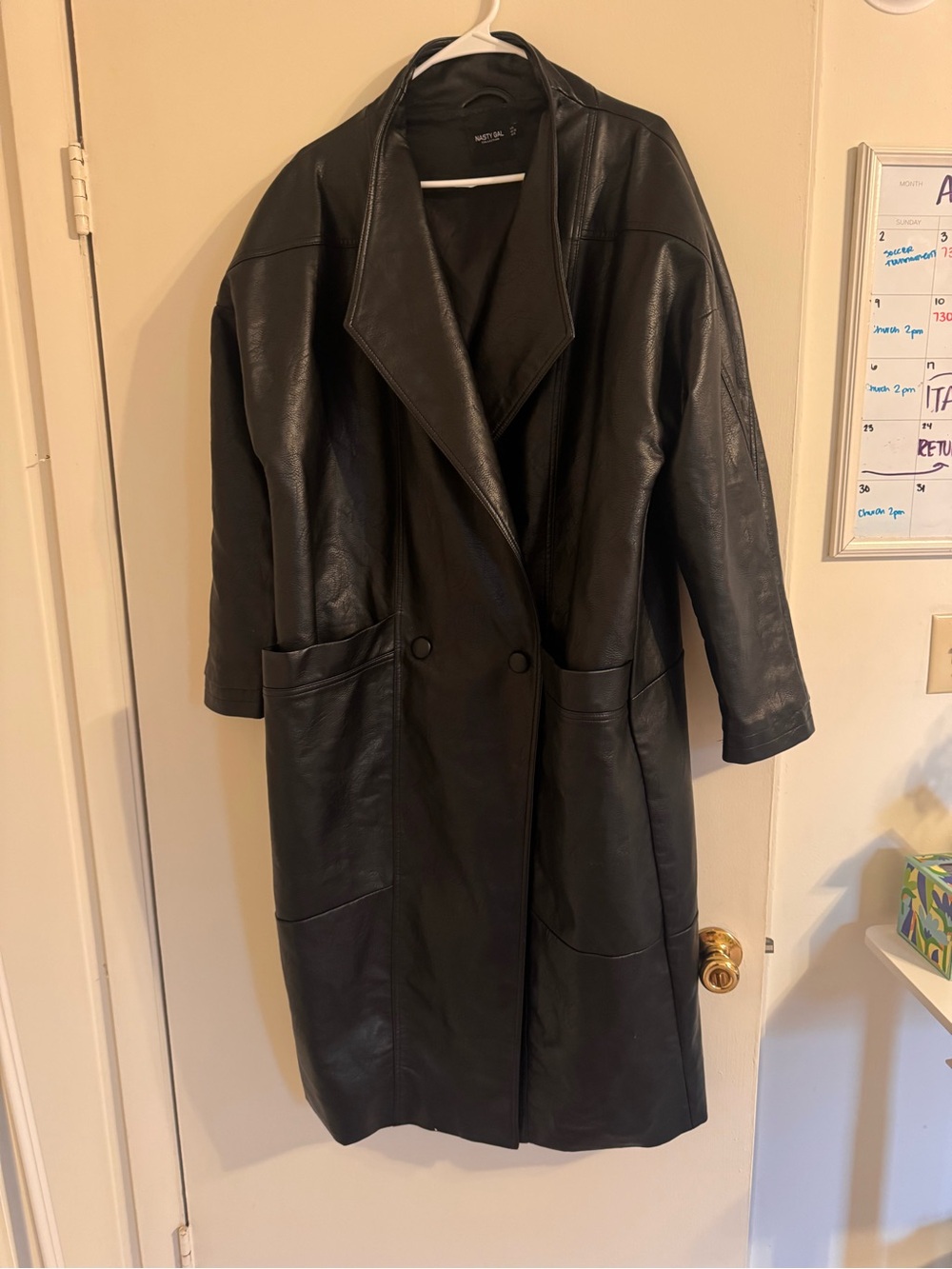Long Black Faux Leather Trench Coat